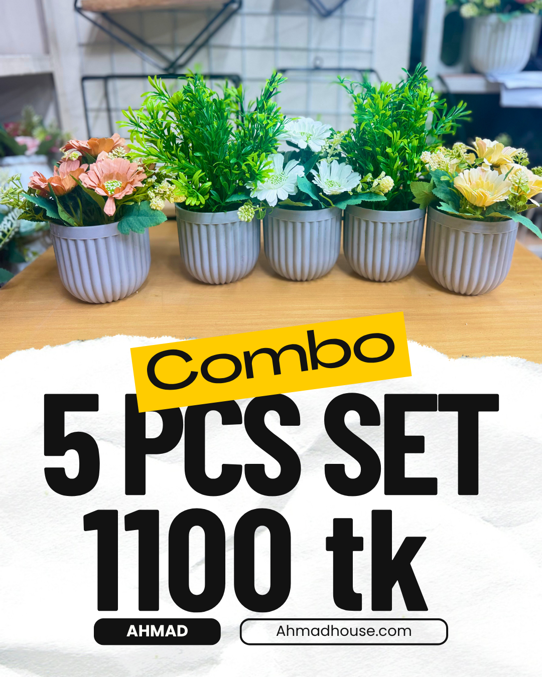 5 Artificial Plants Combo (3 Flower + 2 Green) | Best Home & Office Décor Deal – Only 1100 TK
