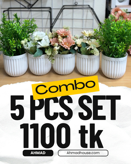 5 Artificial Plants Combo (3 Flower + 2 Green) | Best Home & Office Décor Deal – Only 1100 TK