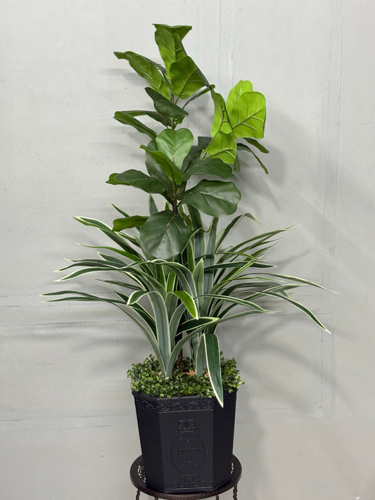 Long Spider Artificial + fiddle leaf Plant with Premium Planter – Perfect for Home & Office Decoration