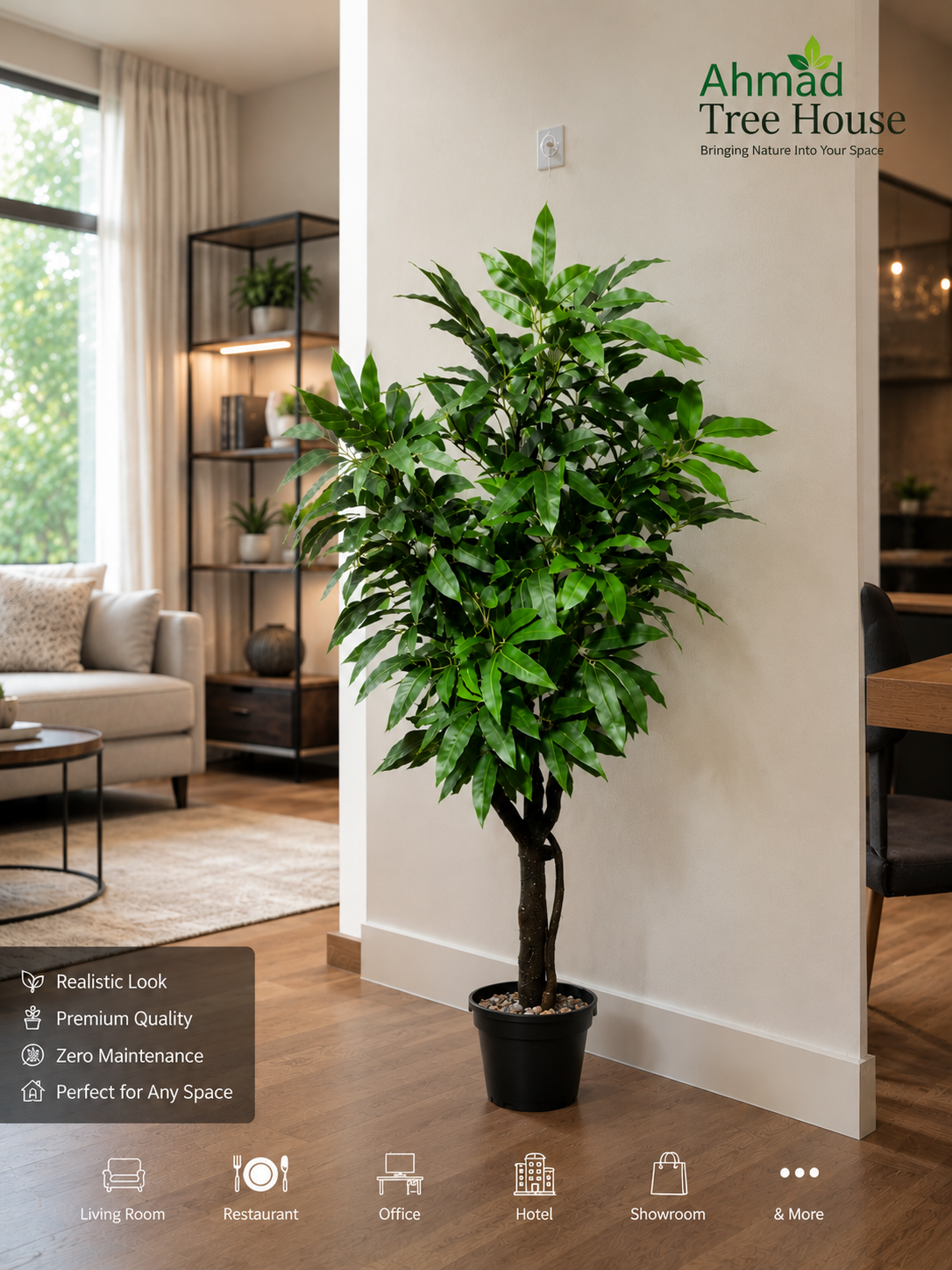 Premium Artificial Indoor Tree with Designer Planter | Living Room, Office & Restaurant Décor | Ahmad Tree House