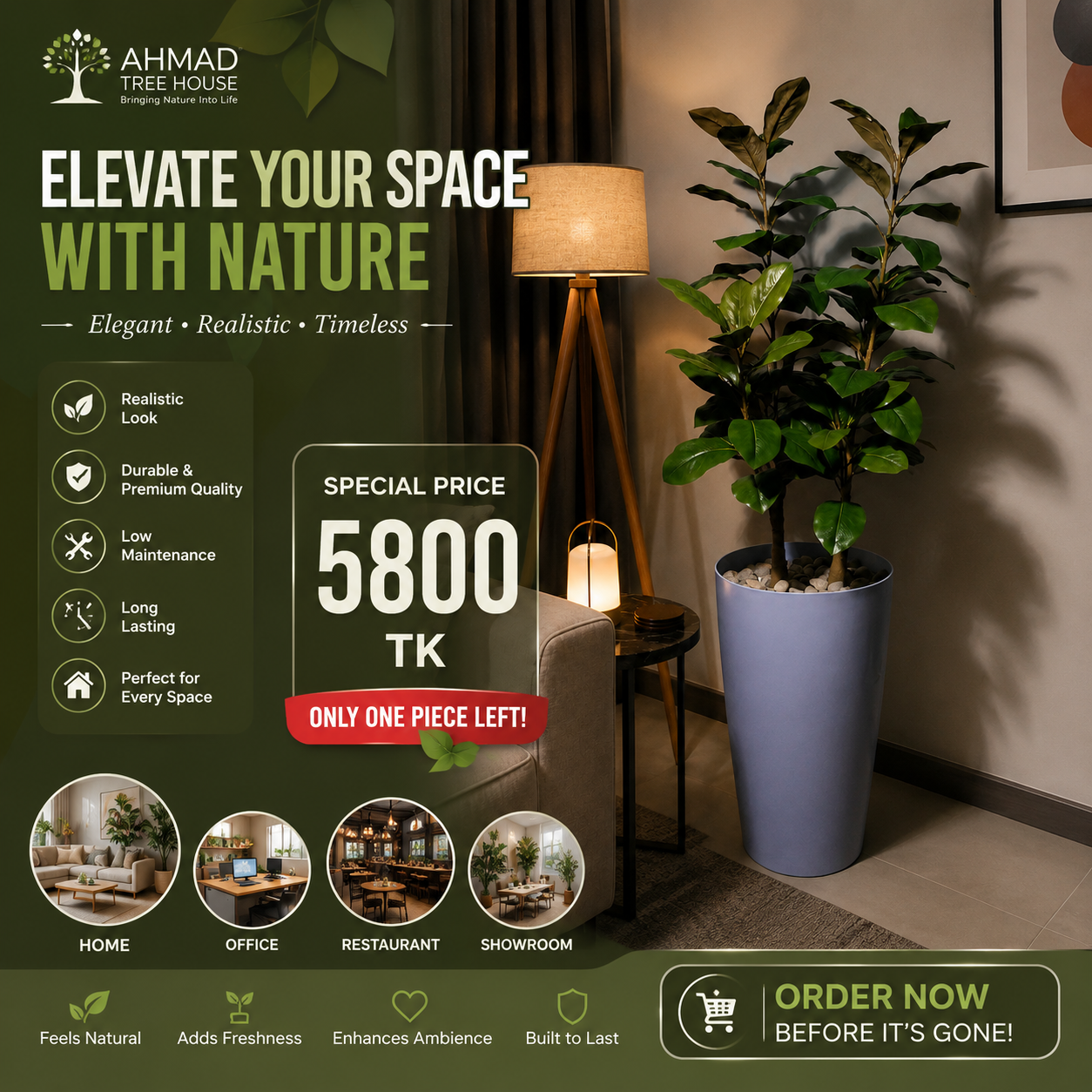Tall Artificial Floor Plant with Modern Grey Planter | Special Price Living Room Decor