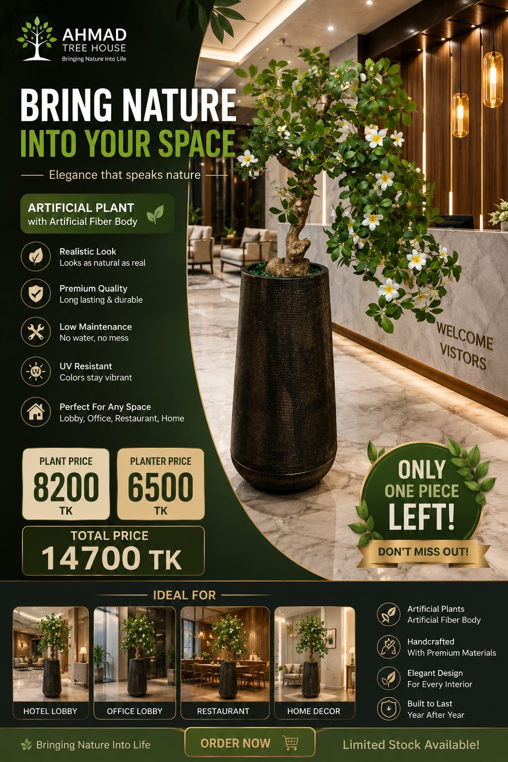 Artificial Flowering Bonsai Tree with Luxury Black Planter Set | Exclusive Lobby & Home Decor