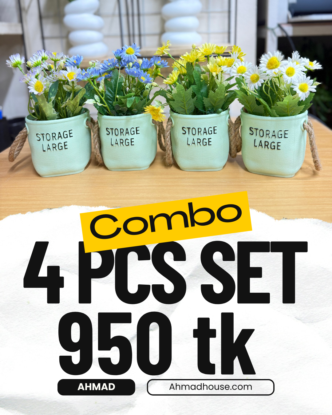 4 Artificial Flowers + Large Storage Tub Combo – 950 TK
