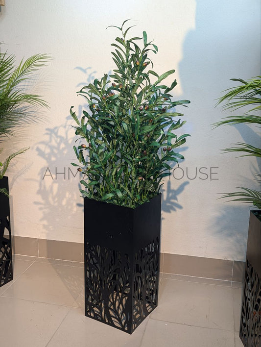 Artificial Olive Tree with Black Laser-Cut Metal Planter