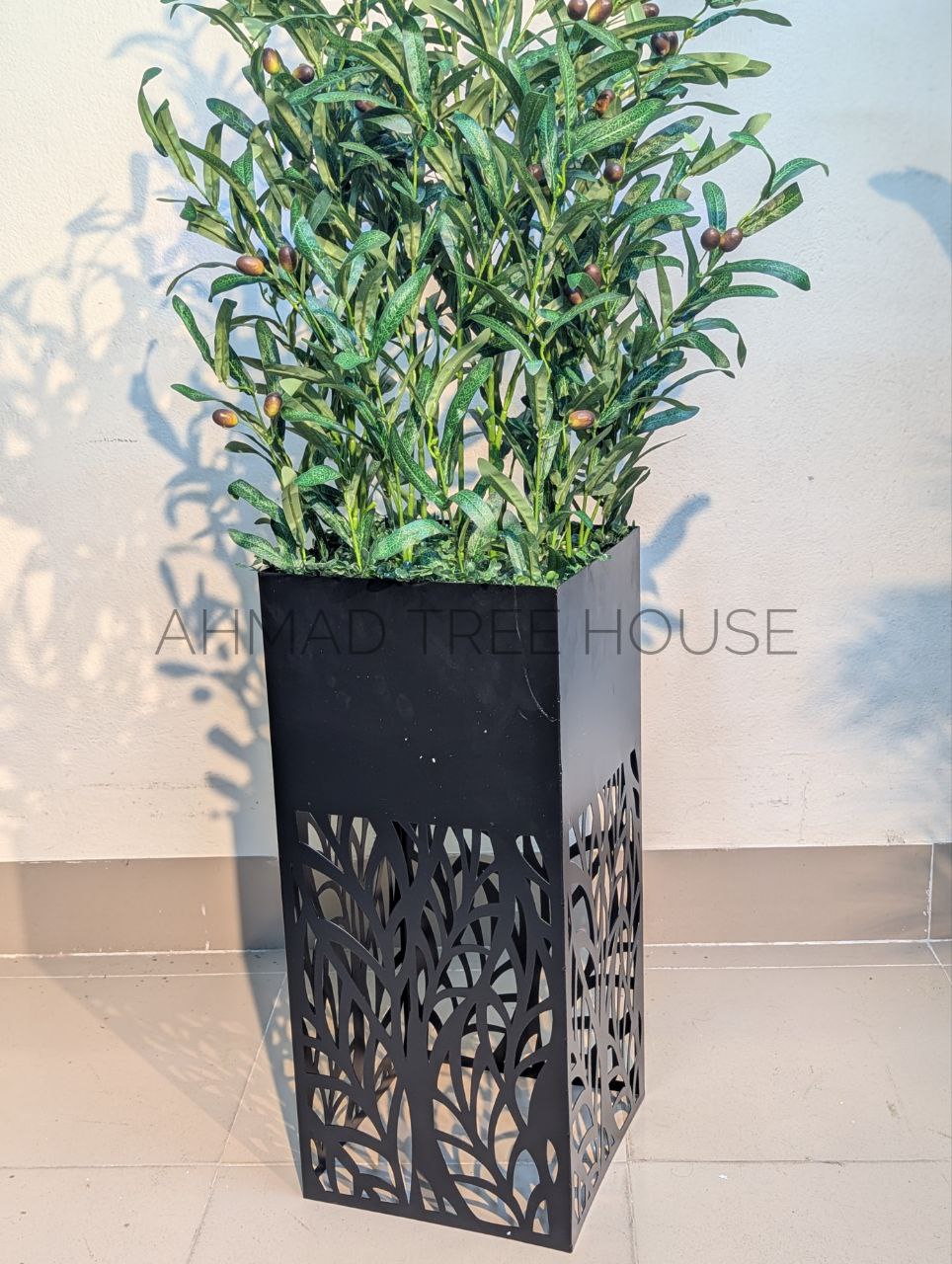 Artificial Olive Tree with Black Laser-Cut Metal Planter