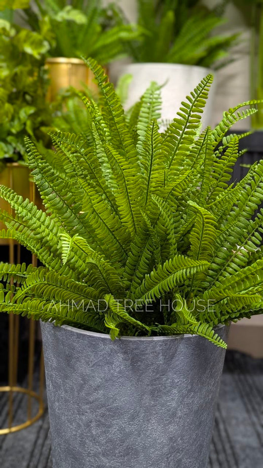 Artificial Boston Fern with Tall Grey Stone Planter | Premium Decor – Ahmad Tree House