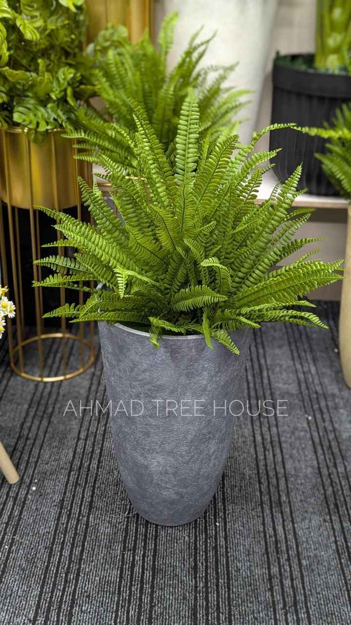 Artificial Boston Fern with Tall Grey Stone Planter | Premium Decor – Ahmad Tree House