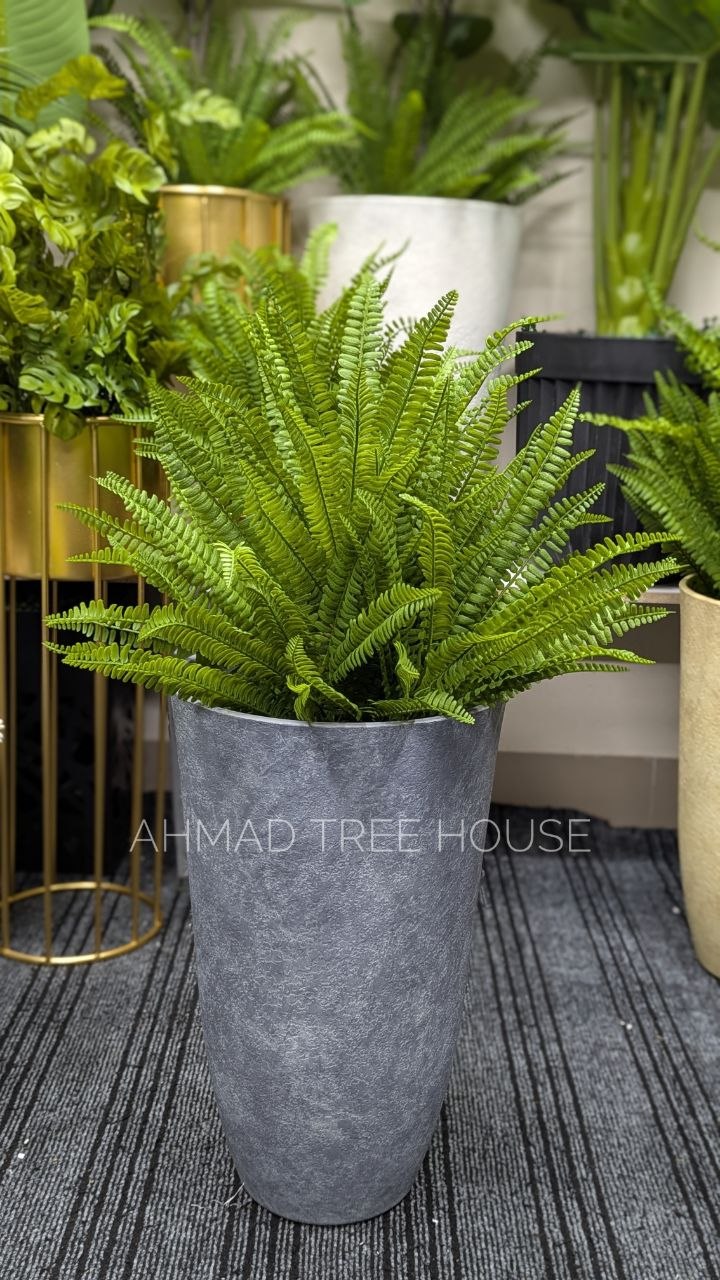 Artificial Boston Fern with Tall Grey Stone Planter | Premium Decor – Ahmad Tree House