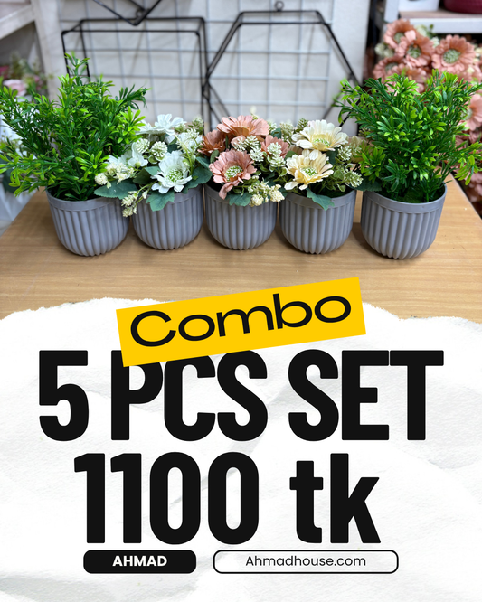 5 Artificial Plants Combo (3 Flower + 2 Green) | Best Home & Office Décor Deal – Only 1100 TK