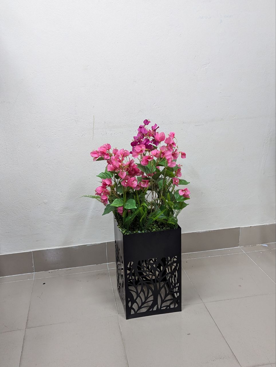 Pink Blossom Artificial Plant in Decorative Black Metal Pot