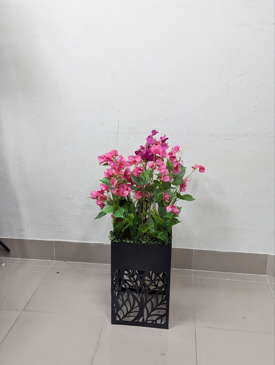 Pink Blossom Artificial Plant in Decorative Black Metal Pot