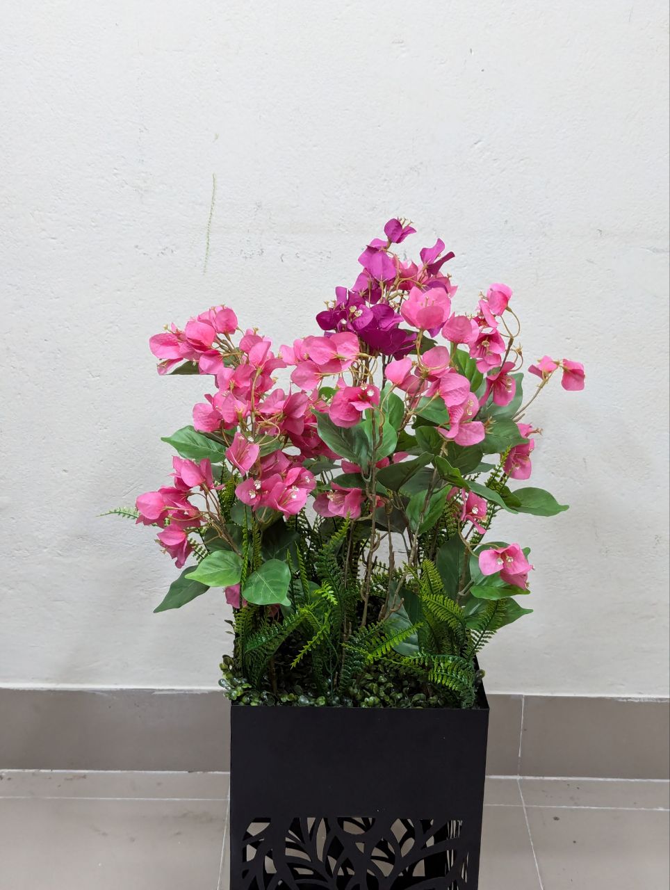 Pink Blossom Artificial Plant in Decorative Black Metal Pot