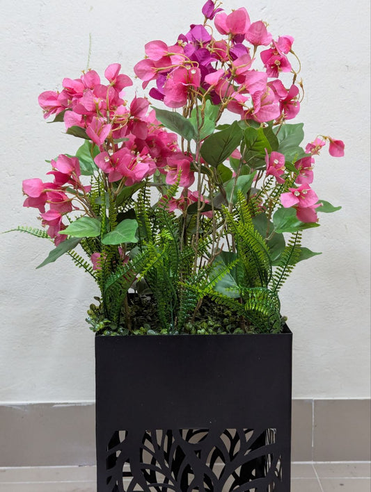 Pink Blossom Artificial Plant in Decorative Black Metal Pot