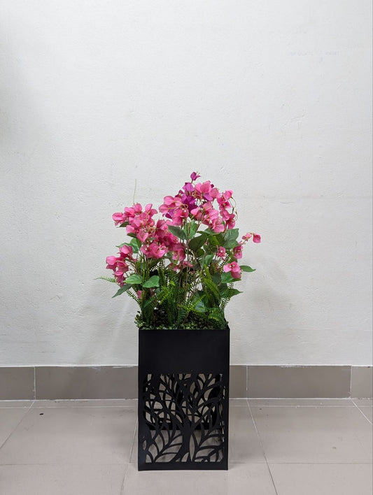 Pink Blossom Artificial Plant in Decorative Black Metal Pot