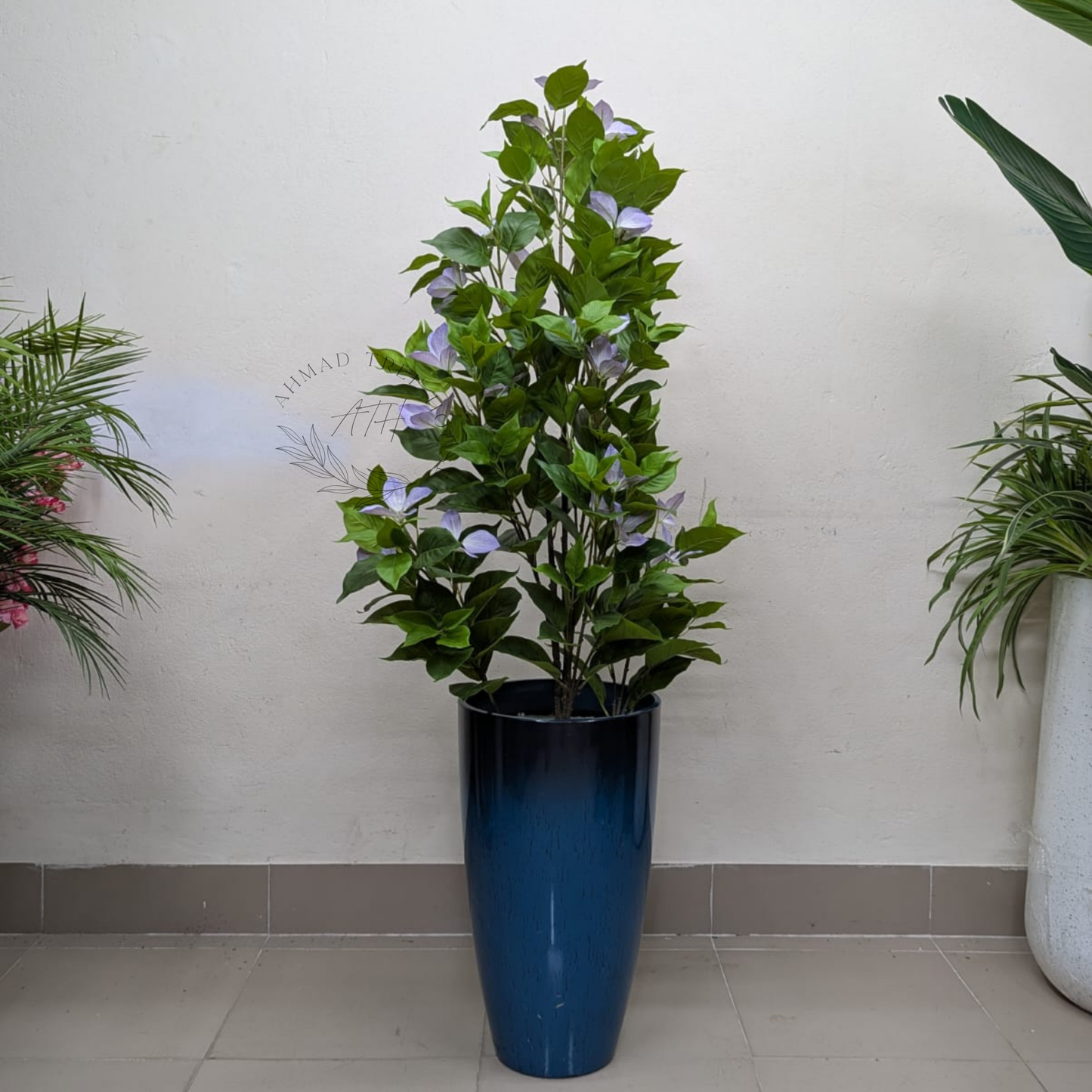 Artificial Weeping Fig with Blue Fiber Planter