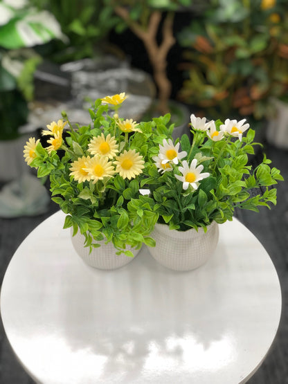 Artificial daisy flower pots with lush greenery