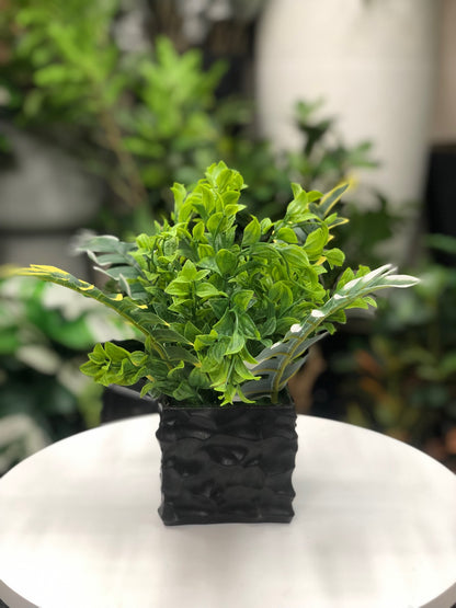 Single artificial greenery plant in textured black square pot