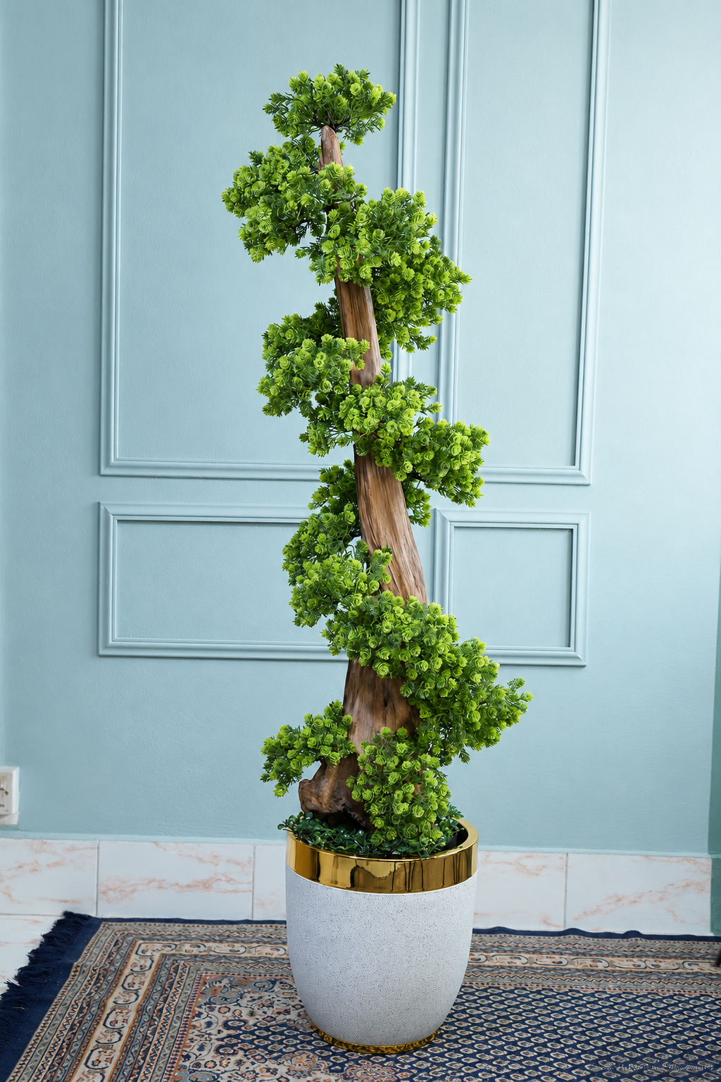 Tiered bonsai in a white and gold planter beside a blue paneled wall — Ahmad Tree House project