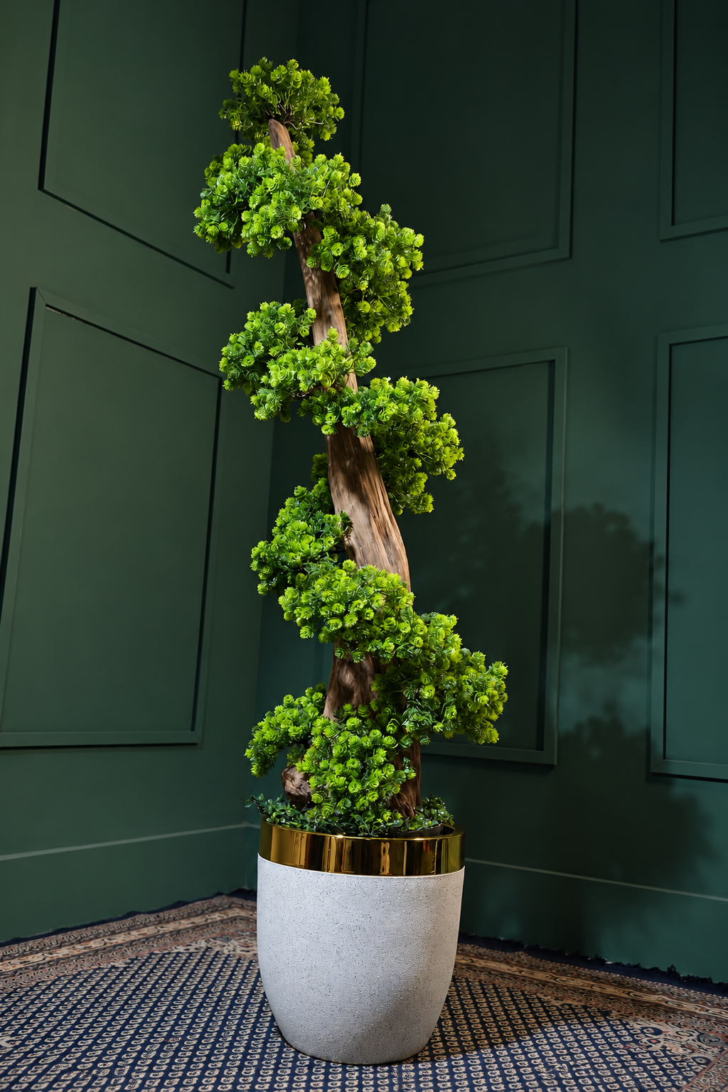 Tiered bonsai in a white and gold planter against dark green paneling — Ahmad Tree House project