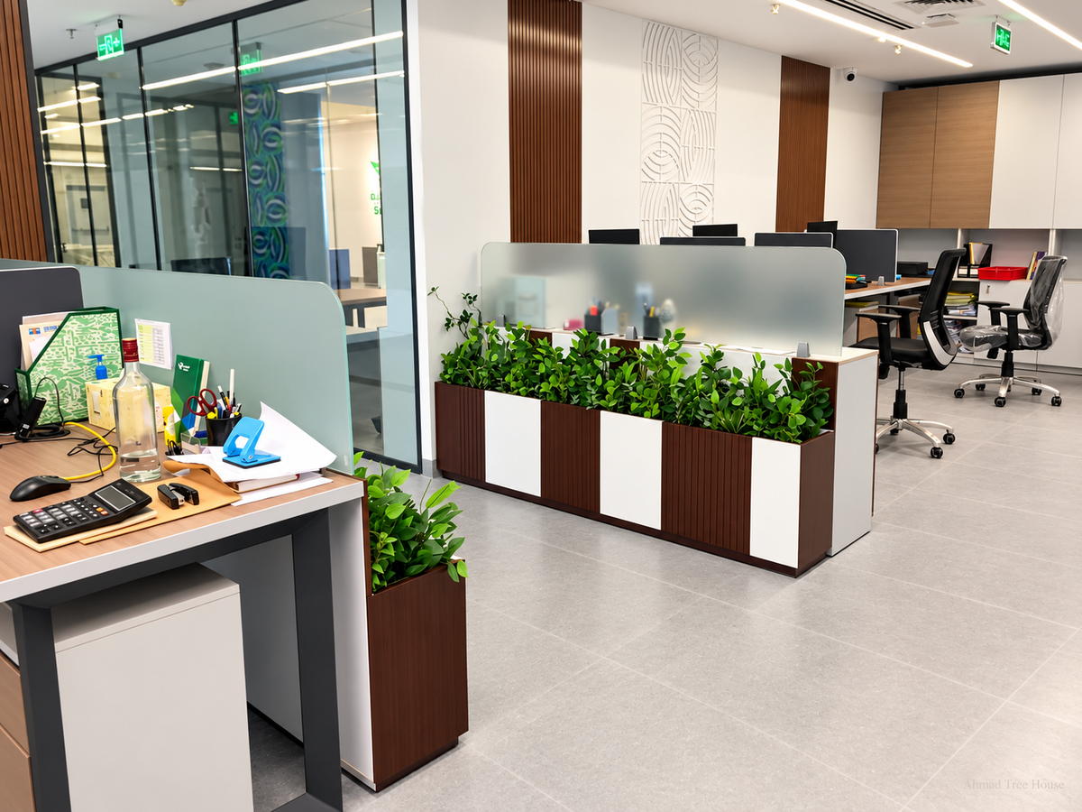 Desk partitions finished with mixed foliage planters — Ahmad Tree House project