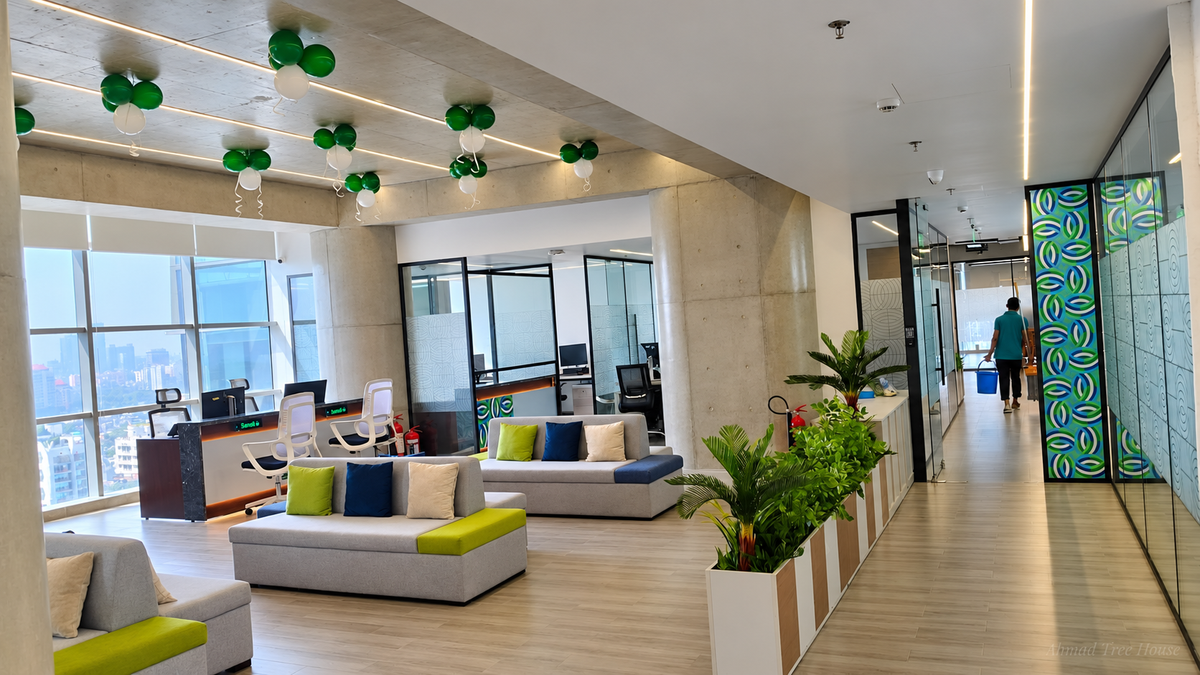 Office lounge overview with plants dividing the seating area — Ahmad Tree House project