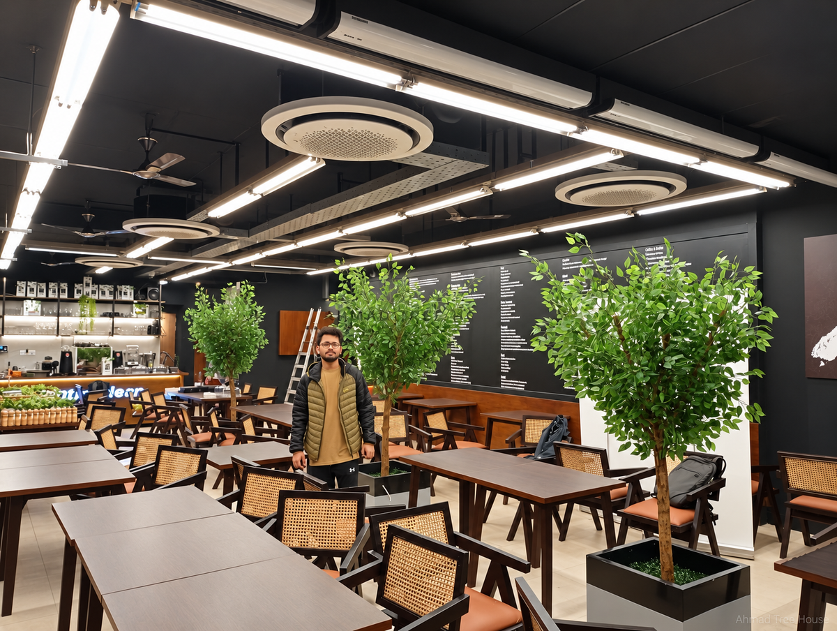 Restaurant dining area with statement trees in square planters — Ahmad Tree House project