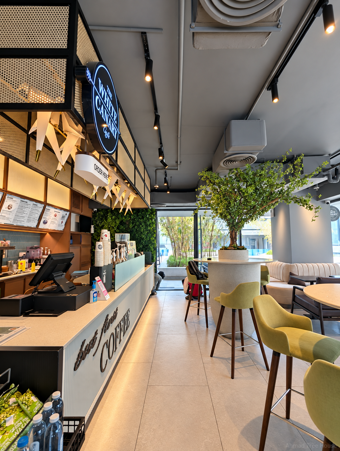 The White Canary Café counter and planted seating area — Ahmad Tree House project