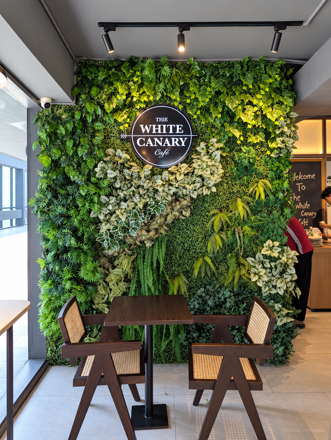 The White Canary Café green wall and café sign — Ahmad Tree House project