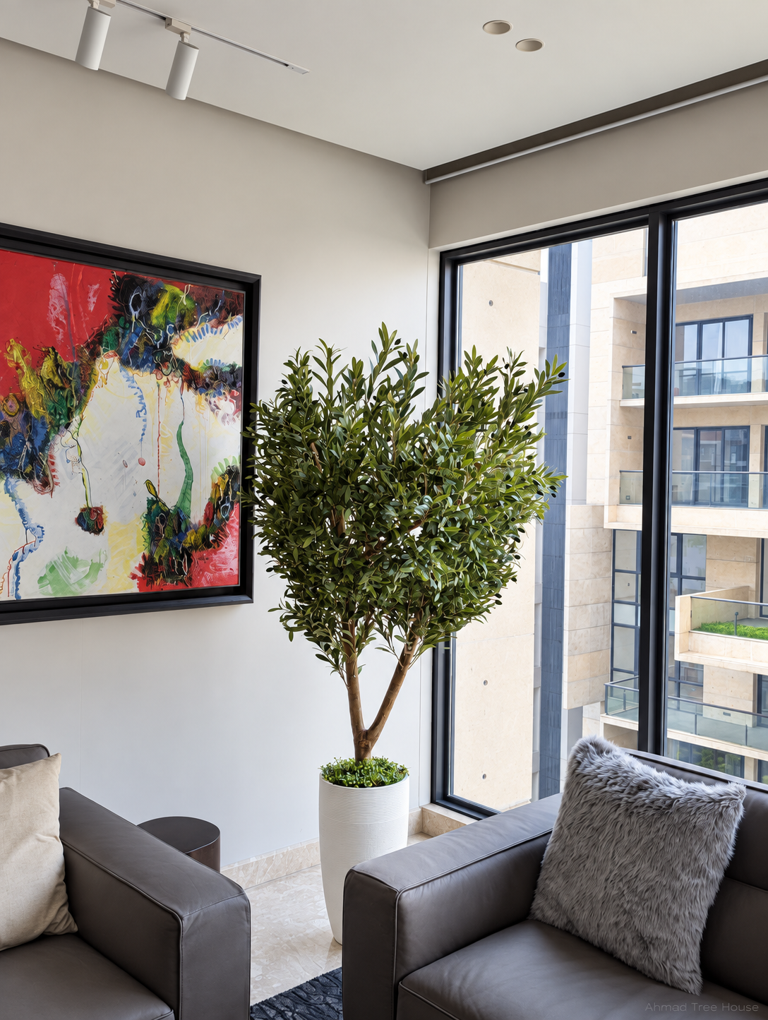 Olive tree in a white planter beside living-room seating — Ahmad Tree House project