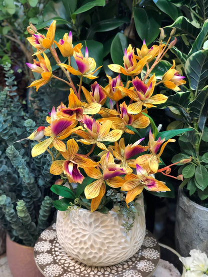 Premium Artificial Orchid Arrangement – Yellow Dendrobium in Ceramic Pot