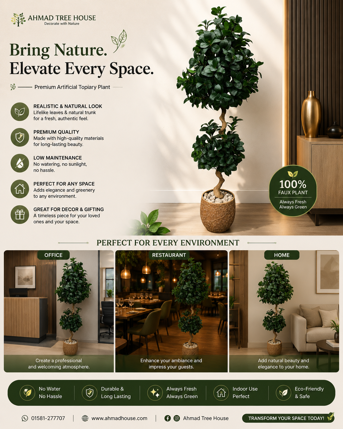 Artificial Ficus Topiary Floor Plant with Textured Planter | 6 Feet Premium Decor – Ahmad Tree House