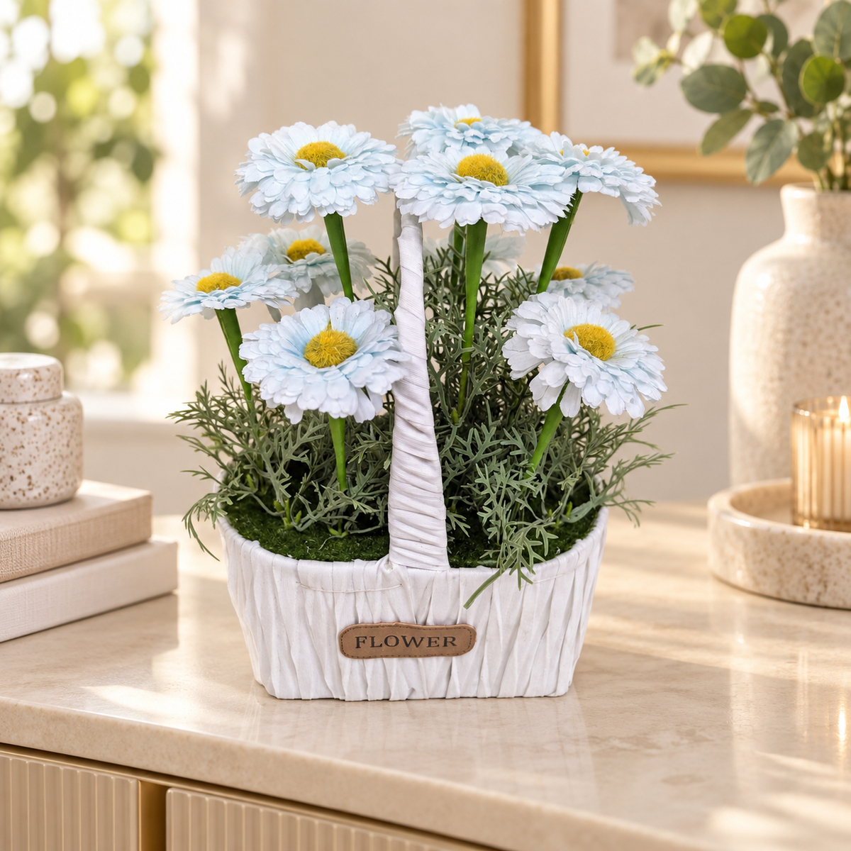 Ice Blue Daisy Flower Basket styled presentation