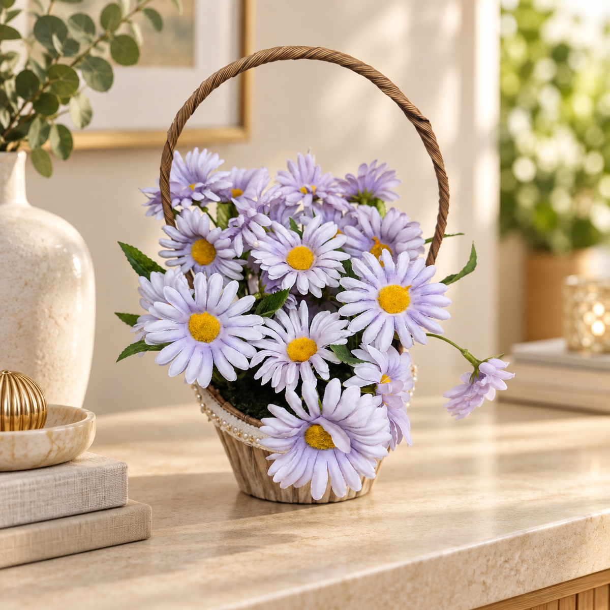Lilac Daisy Flower Basket styled presentation