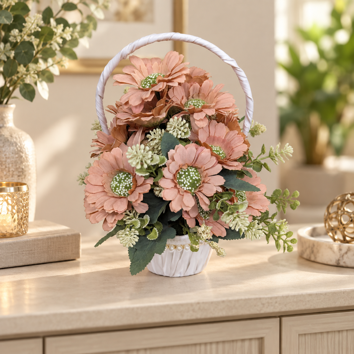 Peach Daisy Flower Basket styled presentation