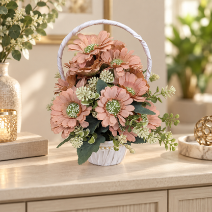 Peach Daisy Flower Basket styled presentation
