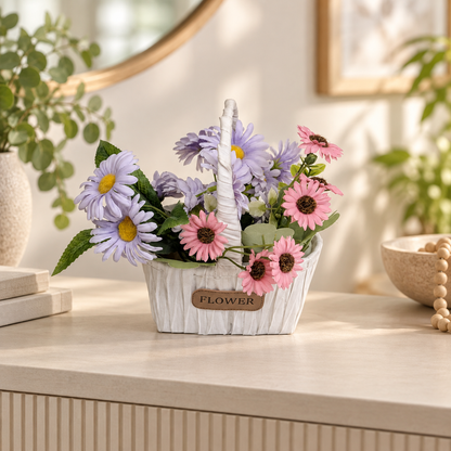 Pink & Lilac Mixed Flower Basket styled presentation