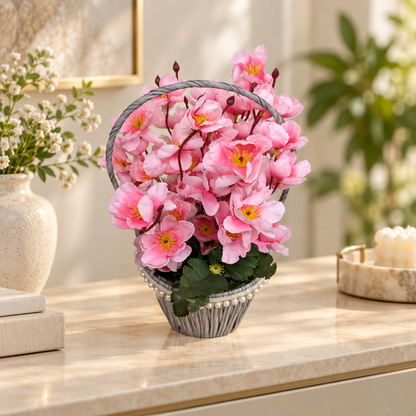 Pink Blossom Flower Basket styled presentation
