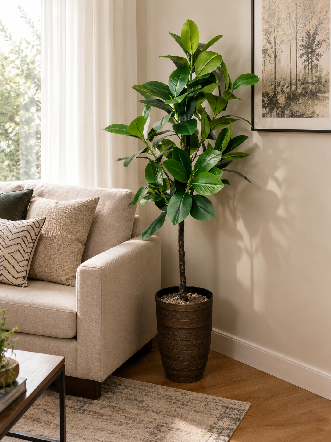 6 ft premium artificial rubber tree with imported fiber planter in living room