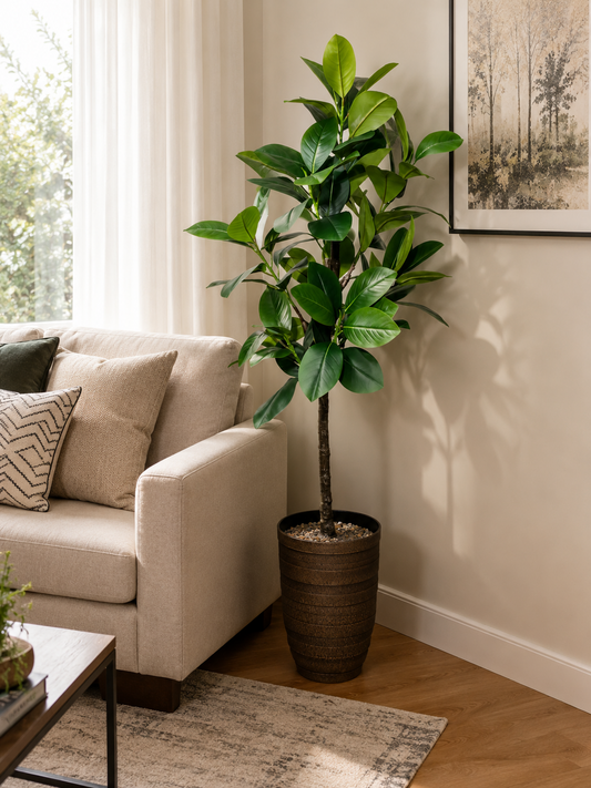 6 ft premium artificial rubber tree with imported fiber planter in living room