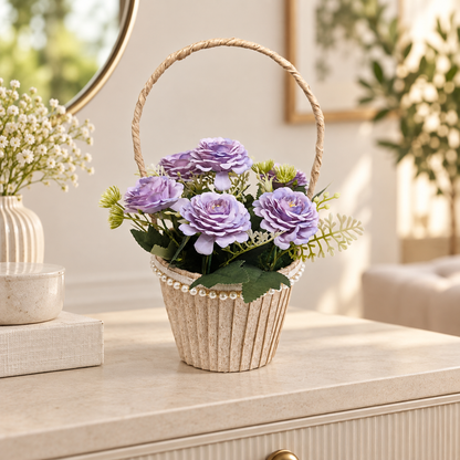 Purple Rose Flower Basket styled presentation