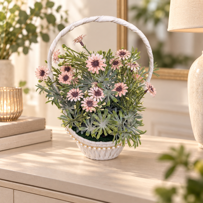 Soft Pink Mini Flower Basket styled presentation