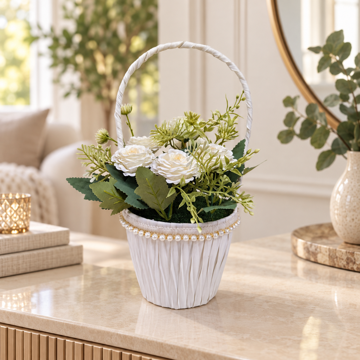 White Rose Flower Basket styled presentation