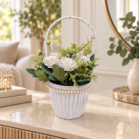 White Rose Flower Basket styled presentation