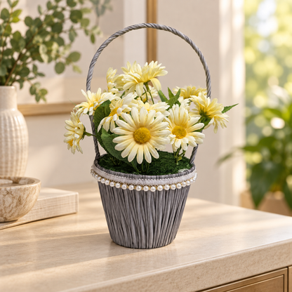 Yellow Daisy Flower Basket styled presentation